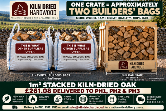 Approx 1m3 Crate Kiln Dried Oak Hardwood Logs comes with 2.5kg bag of kindling - Kiln Dried Hardwood 