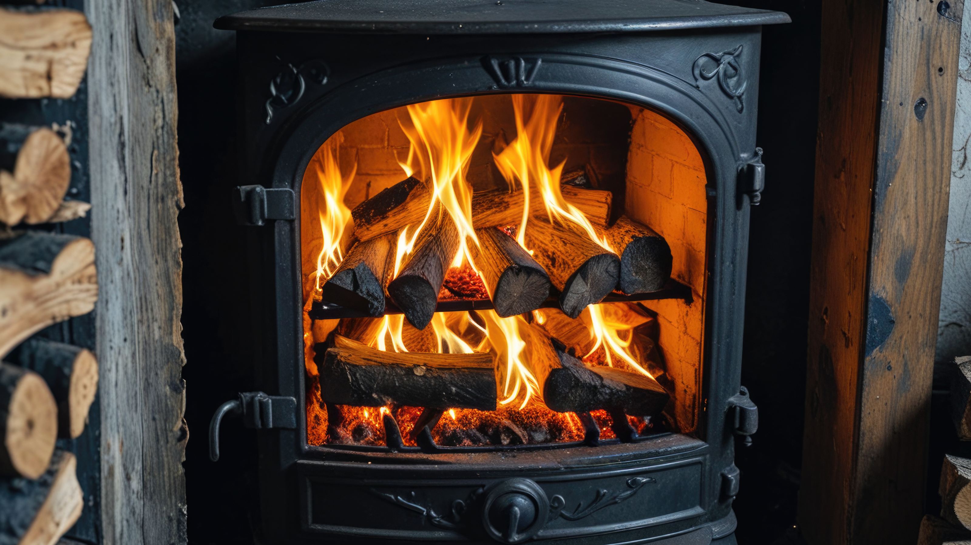 Wood-burning stove fuelled by kiln-dried Oak logs from Kiln Dried Hardwood, offering efficient, high heat output for home heating.